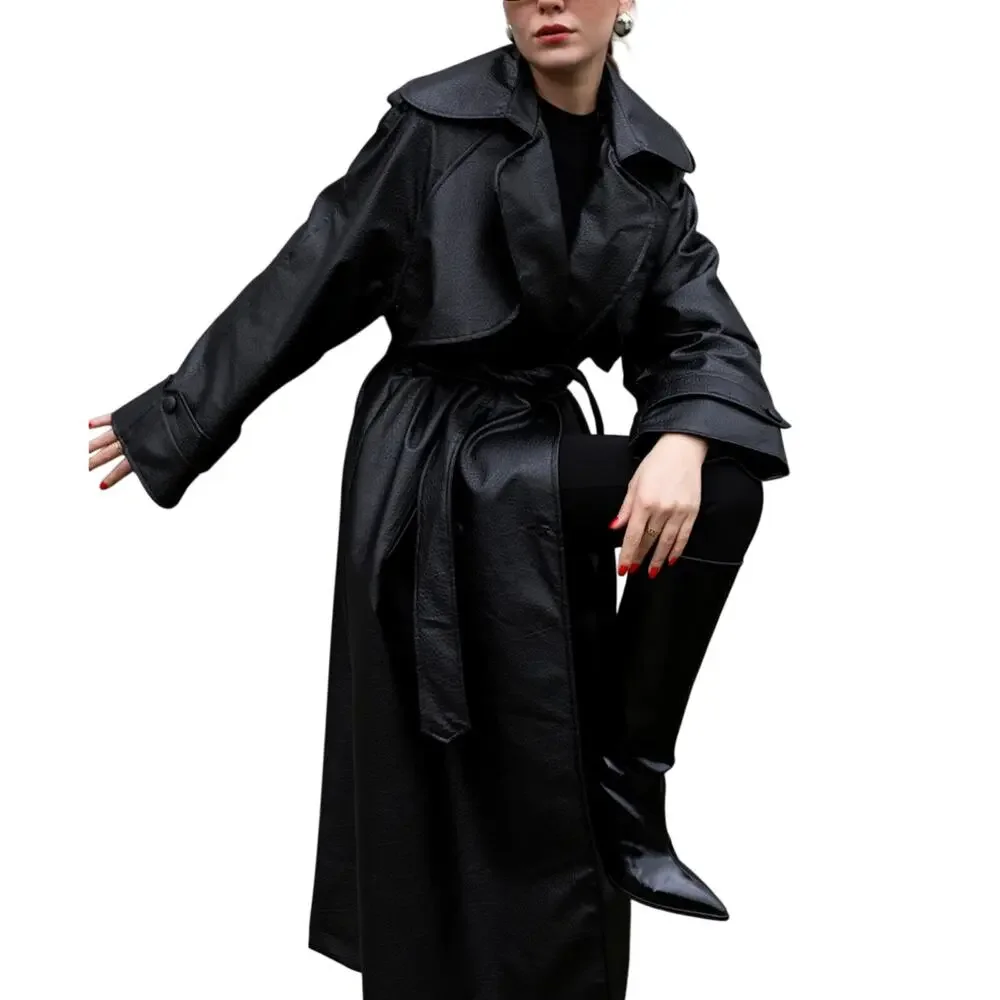 Black Faux Leather Trench Coat Women Long Belted Classic Jacket Stylish - Picture 4 of 12